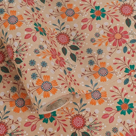 Aimyoo Kraft Floral Wrapping Paper Roll - Jumbo Roll - 30 Inch x 33 Feet - All Occasion Vintage Flower Gift Wrap Paper for Mother's Day Wedding Birthday Bridal Shower