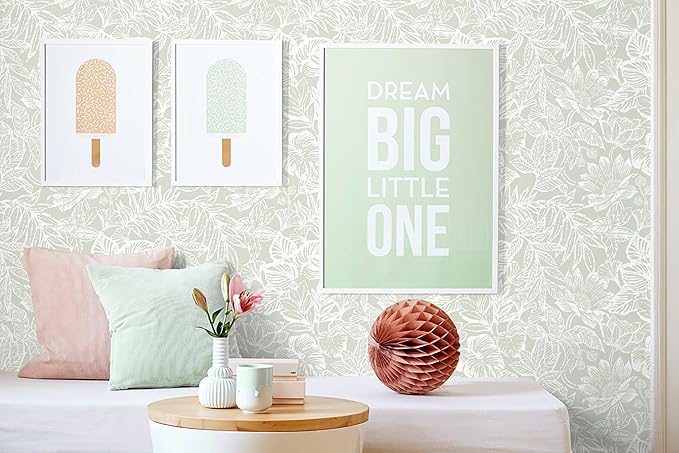 Peel and Stick Wallpaper Modern Wall Paper Boho Contact Paper Bedroom Bathroom Wallpaper Peel and Stick Light Green Tropical Leaf Removable Self-Adhesive Wall Decor 17.3" x 197"