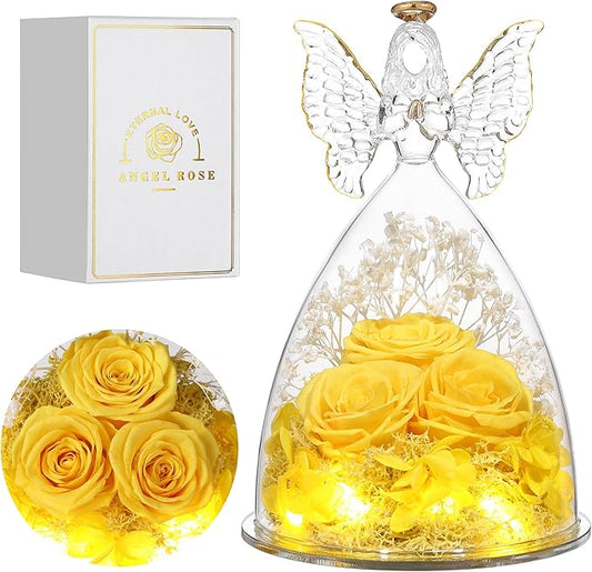 Christmas Rose Gifts for Women Preserved Real Flower in Glass Angel Figurines Roses for Delivery Prime Birthday Gifts for Mom Grandma Girlfriend Wife Her, Yellow