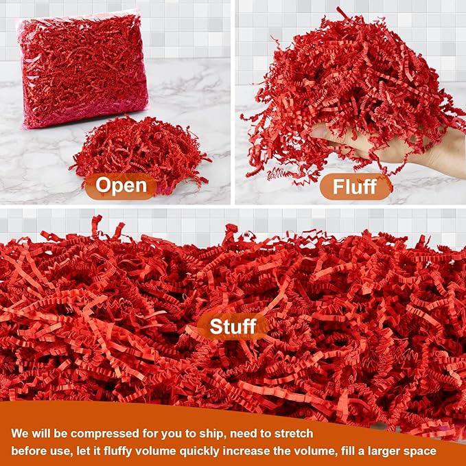 Darfukei Shredded Paper For Gift Baskets, Christmas 1/2LB (8 oz) Red Crinkle Paper Filler for New Year's gift Baskets Grass, Crinkle Cut Papers Shred For Birthdays, Weddings,Boxes Bags, Basket Filler ,Anniversaries,Gift Wrapping