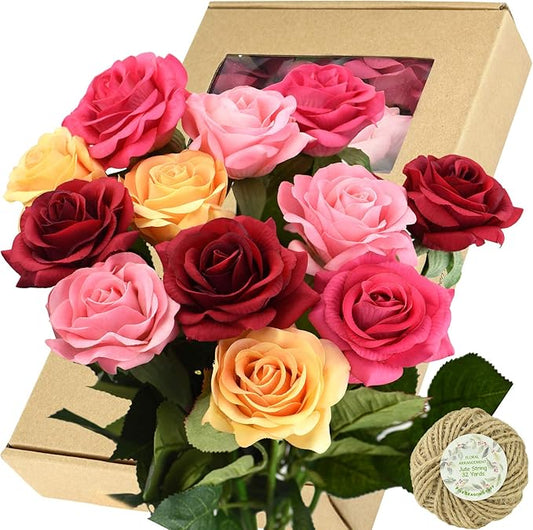 FiveSeasonStuff Fake Roses Wedding Flowers Real Touch Silk Medley Rose Mix Artificial Flowers (Yellow, Dark Red, Coral Pink, Pink) 12 Stems