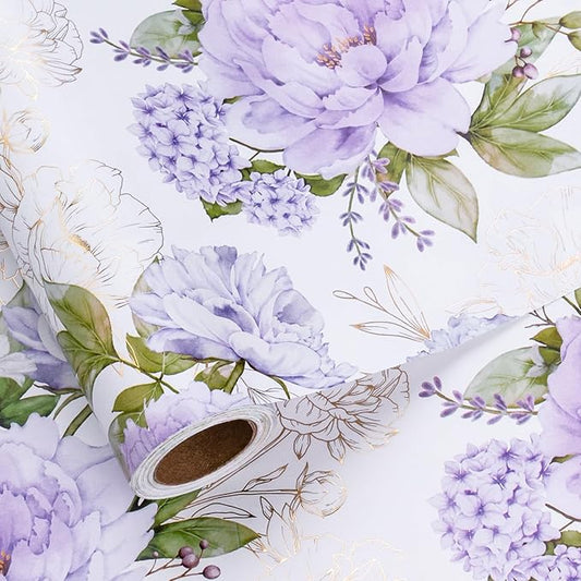 LeZakaa Floral Wrapping Paper Roll, Purple Peonies with Gold Foil Floral Outline Party Gift Wrap for Wedding, Bridal Shower, Anniversary, Mother's Day, Birthday, 17 inches x 16.4 Feet (23.2 sq.ft.)