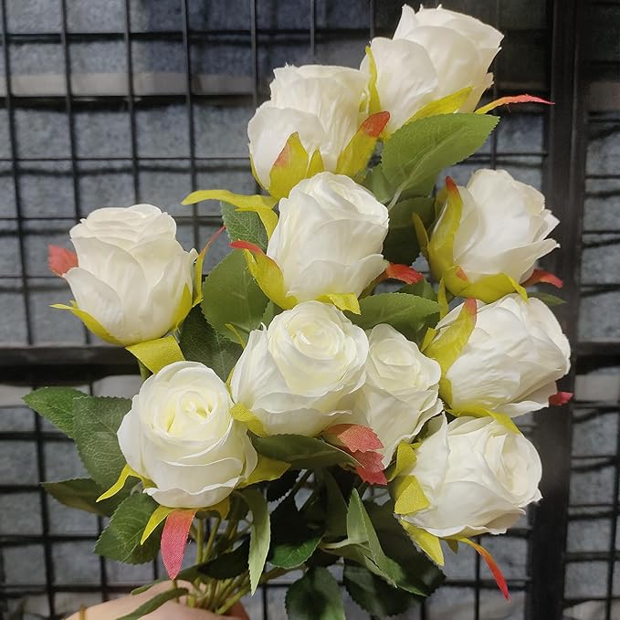 Artificial Roses 10 Pcs - Lifelike Single Stem Fake Roses with Natural Petal Texture,Fade-Resistant Silk Flowers for Wedding Decor,Home Vase Arrangements,Party Centerpieces(10, Creamy White)