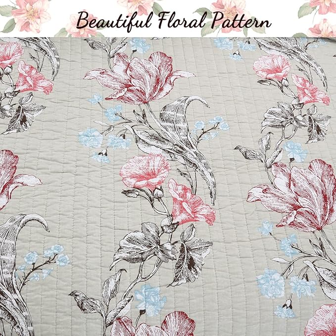 Cozy Line Home Fashions Taupe Khaki Floral Blooming 100% Cotton Reversible Quilt Bedding Set, Coverlet, Bedspread (Taupe Blooming, King - 3 Piece)