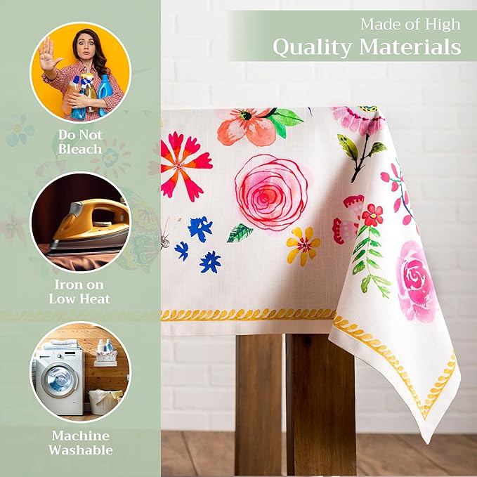 Maison d' Hermine Table Cloth Rectangle Table 100% Cotton 54 x 72 Inches Tablecloth Reusable for Dining Room, Farmhouse, Home, Party, Festive & Wedding Spring Summer - Happy Florals - Sweety