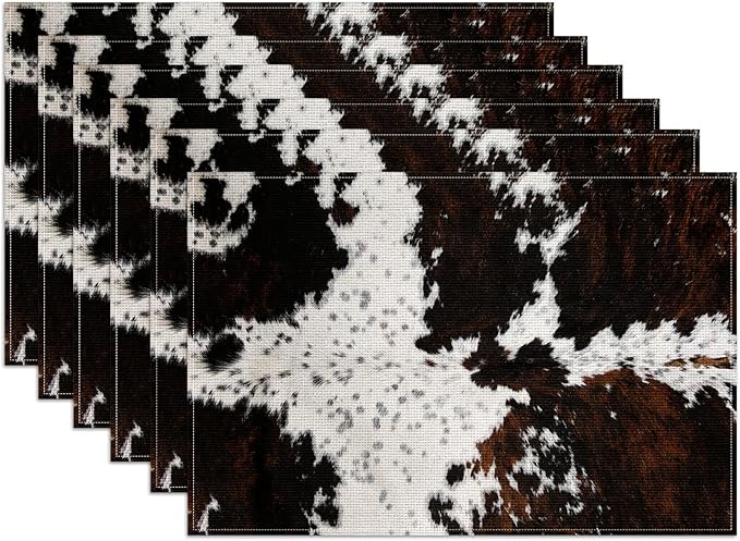 Cowhide Skin Placemats Set of 6, Cow Print Linen Place Mat Washable Stain Resistant Table Mats for Farmhouse Kitchen Dining Party Wedding Decor 12x18 Inch