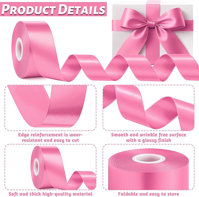 Fullive Ribbon for Gift Wrapping, 1 1/2 Inch 30 Yards Hot Pink Ribbon, Polyester Solid Ribbons for Flower Bouquet for Baby Shower Valentines Day Christmas Decorations DIY Bows Floral Arrangements