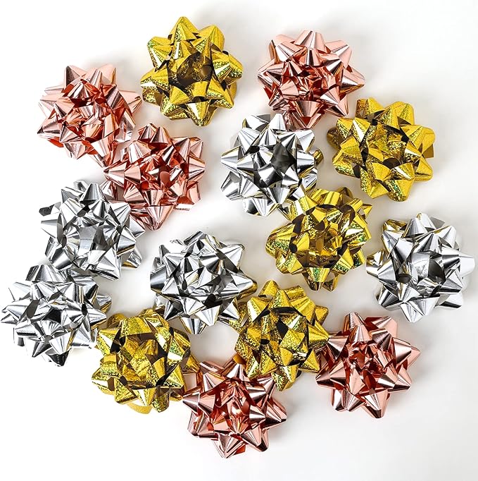 CHOIEO 15 Pcs Gift Bows Assortment, 4.5" Wide Bow for Christmas, Birthdays, Holiday, Presents, Wrapping Paper, Anniversaries, Baby Showers, Bridal Showers, Hanukkah (Rose Gold+Silver+Gold)