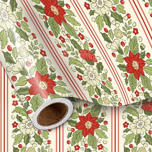 LeZakaa Vintage Poinsettia Christmas Wrapping Paper Roll, Red Poinsettia, Festive Design, for Christmas, Winter Holidays, for Home Decor, Gifts, Women, Mini Roll 17 in x 16.4 Ft