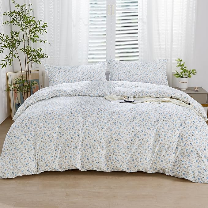 SAPHREAS Blue Yellow White Floral Duvet Cover Set Soft Microfiber Bedding Set Garden Style Spring 3pcs King Size 1 Duvet Cover with Zipper Closure 8 Ties 2 Pillow Shams