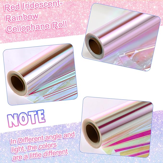 Seajan 32 in x 200 ft Iridescent Cellophane Wrap Roll, Rainbow Wrapping Paper Holographic Cellophane Wrap for Baskets Flower Bouquet DIY Treats Christmas Gifts Wrapping (Red Iridescent)