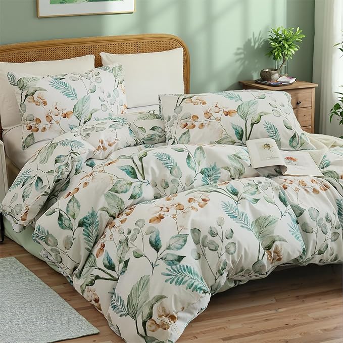 100% Cotton Duvet Cover King Size – Eucalyptus Botanical Print Green Floral Duvet Cover Set, 3-Piece Soft Breathable Natural Premium Cotton Bedding Set for All Seasons