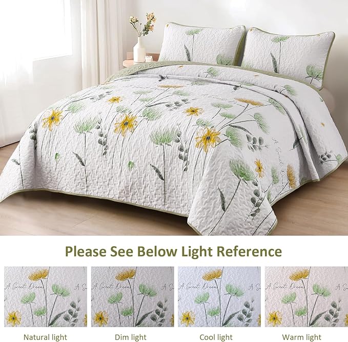 Dinjoy King Size Quilt Set Floral,3 Piece Green and Yellow Farmhouse Bedding Set Lightweight Flower Bedspreads White Coverlet Bed Sets Cute Boho King Quilts for Fall All Season(110"x90")