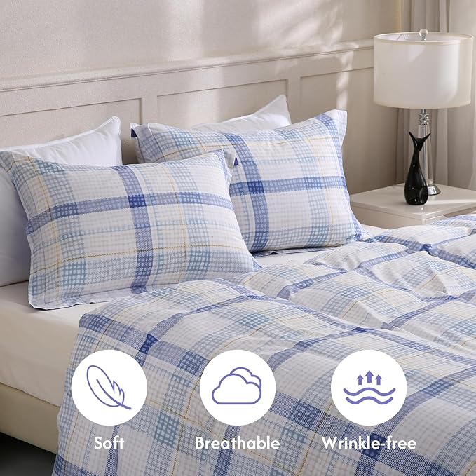 LONAVA King Plaid 3 Pcs Duvet Cover Set, Breathable Soft Microfiber Peri Lining Comforter Cover with Zipper Closure, and 2 Anti-Pilling, Fade Resistant Pillowcases, Blue Plaid