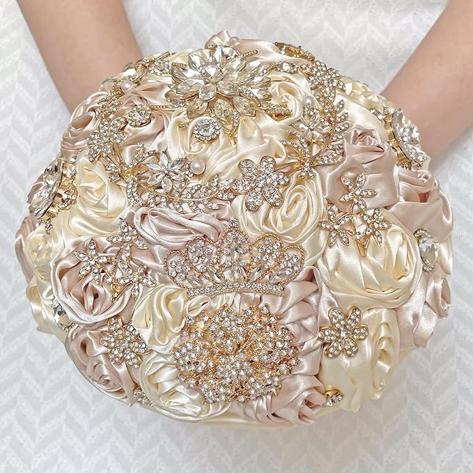 Handmade Satin Rose Floral Bling Pearl Decor Bridal Wedding Bouquet Rhinestone Pendant Artificial Brooch Flowers for Bride Bridesmaid Quinceanera