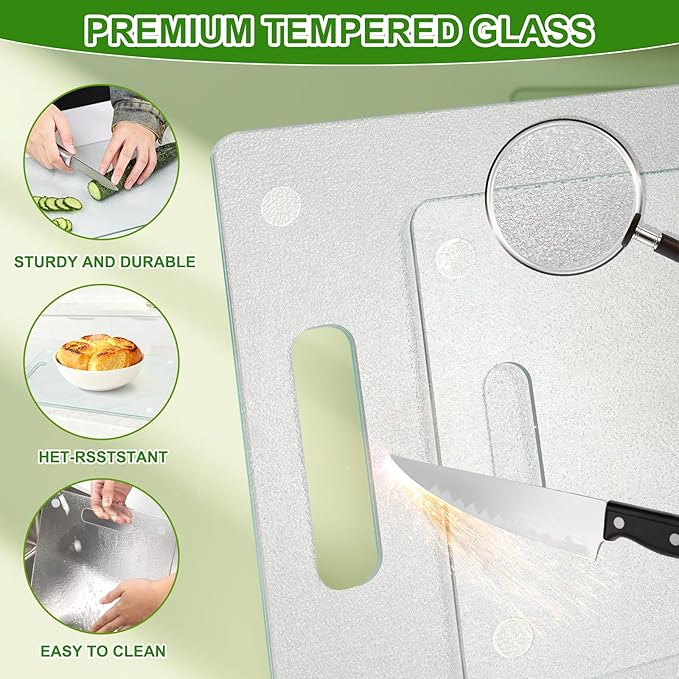 Tempered Glass Cutting Board Set 2Pcs Clear Glass Cutting Boards Scratch Resistant Dishwasher Safe Glass Chopping Board Set for Kitchen