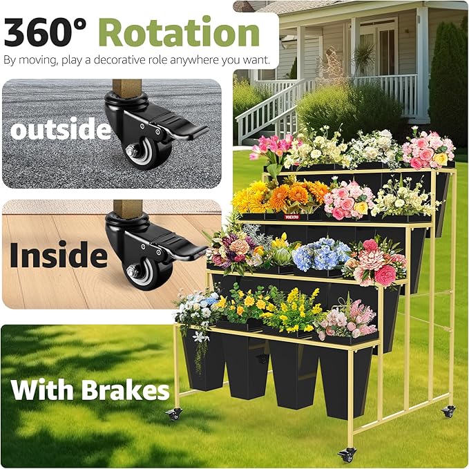 Flower Display Stand 4 Layers with 16 PCS Square Buckets, Plant Stand with Wheels, Movable Metal Plant Stand for Terrace Garden, Living Room, Florist Shop