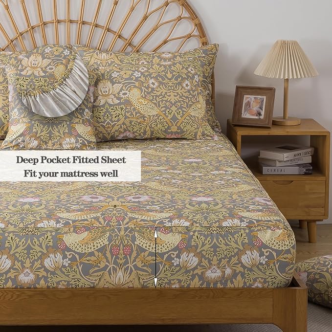 FADFAY 100% Cotton Queen Bed Sheet Set, 4 Piece Gray Vintage Floral Bird Print Bedding, Soft Breathable Cooling Sheets, Deep Pocket Fitted Sheet, Flat Sheet & Pillowcases, All Season Cotton Bedding