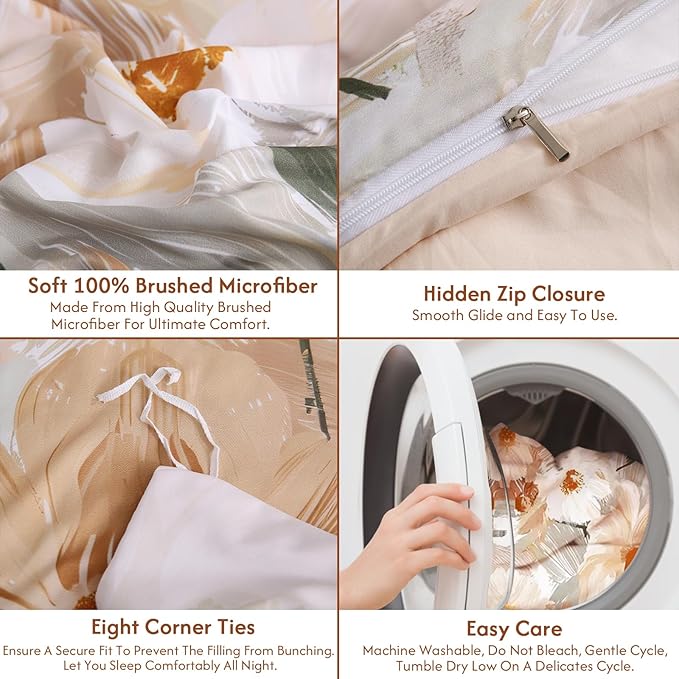 LONAVA Queen Flower 3 Pcs Duvet Cover Set, Breathable Soft Microfiber Biege Lining Comforter Cover with Zipper Closure, and 2 Anti-Pilling, Fade Resistant Pillowcases, Golden Flower