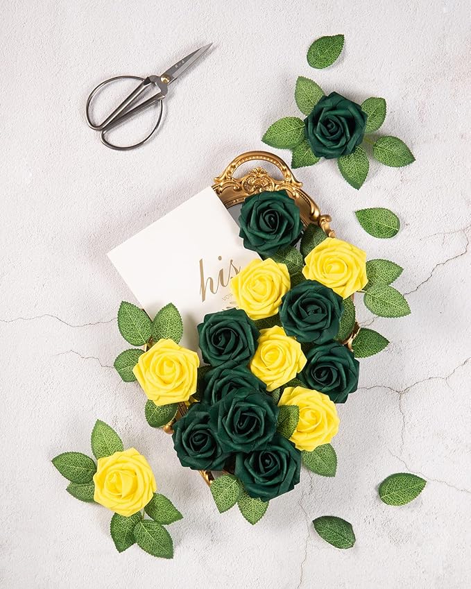 DuHouse 25Pcs Artificial Roses Flowers Fake Roses with Stems Real Touch Foam Flowers for DIY Wedding Bouquet Baby Shower Centerpiece Floral Arrangement Party Home Decor(Hunt Green)