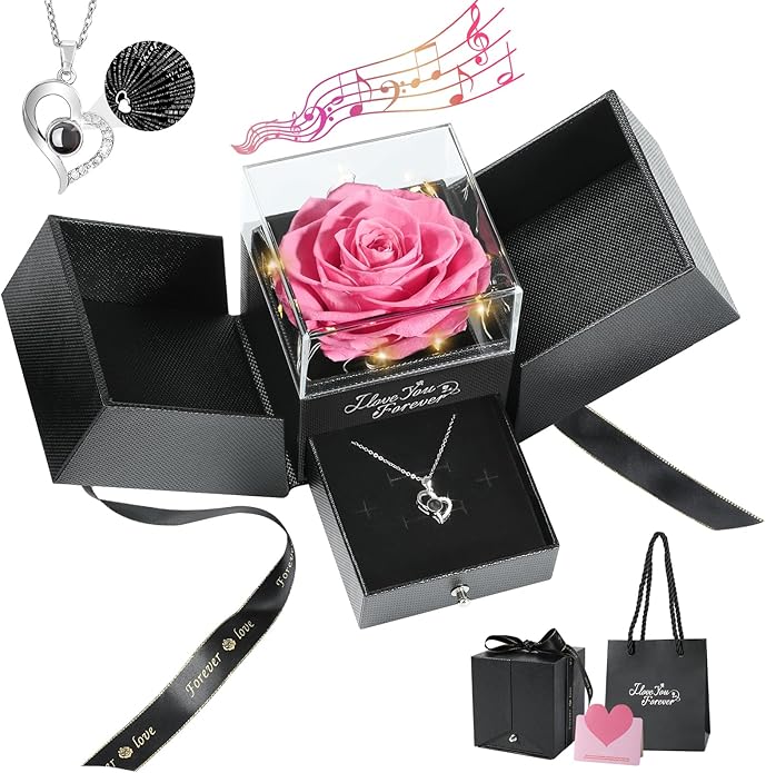 Emibele Preserved Rose Gifts for Women, Eternal Flower Rose Box with Heart Necklace, Romantic I Love You Gifts for Her Women Wife Mom Grandma on Valentines Mothers Day Birthday Anniversary