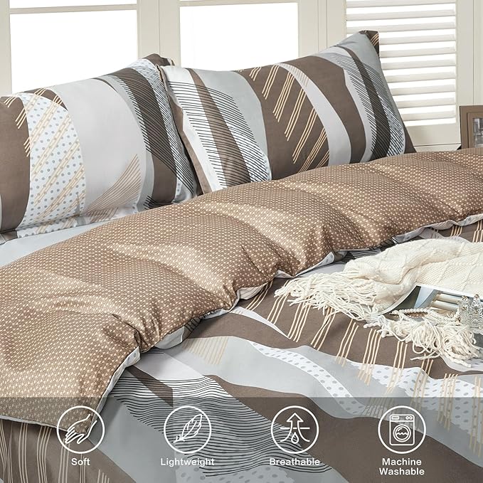 SAPHREAS Brown Geometric Pattern Duvet Cover Set Full Size 3pcs Microfiber Khaki Stripes Dot Patchwork Bedding Comforter Cover Set 1 Duvet Cover 2 Pillow Shams