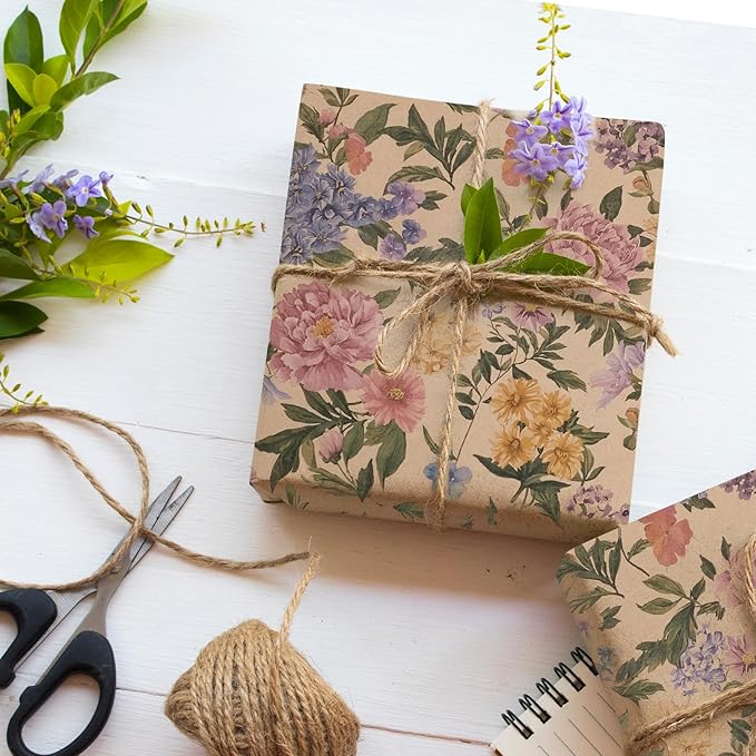 RayofSun Kraft Floral Wrapping Paper Roll 17 in x 32 ft Mini Roll Vintage Pink Peonies Wildflowers Garden Flower Gift Wrap Paper for All Occasion Wedding Birthday Bridal Shower Party Christmas