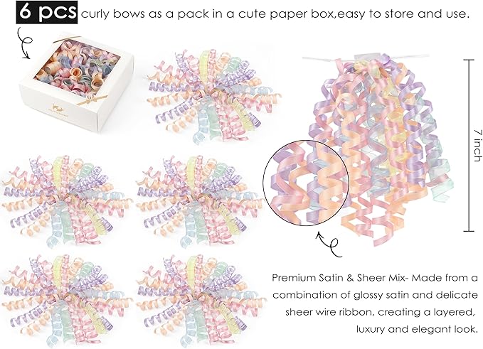 HUIHUANG Pastel Bows for Gift Wrapping 7" Pastel Rainbow Curly Gift Bow Self Adhesive & Twist Tie Ribbon Bows for Presents Gifts Easter Baskets Baby Shower Party Favors- 6 Counts
