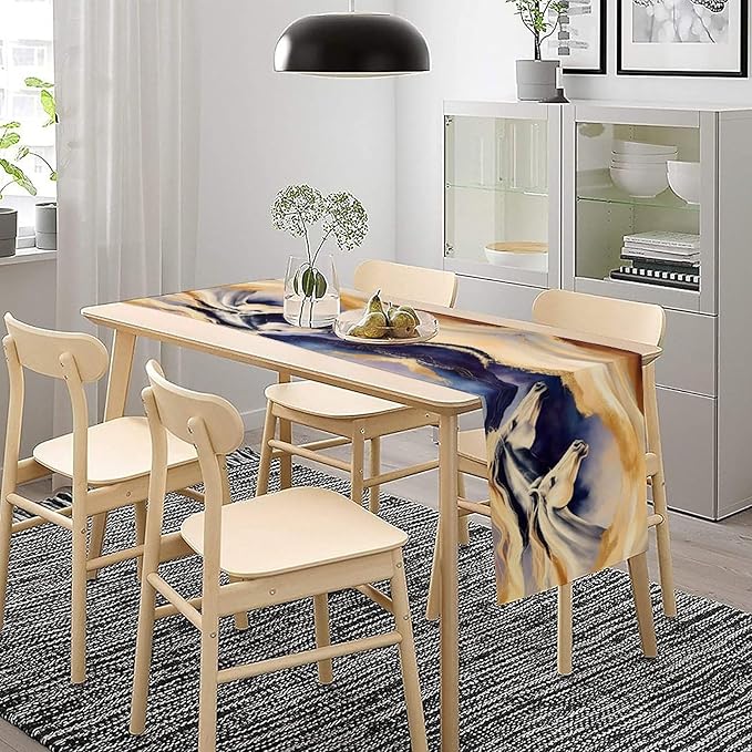 Marble Horse Table Runner, Dark Blue Gold Marble Abstract Horses Gold Natural Liquid Texture Dinner Runner Table Decoration for Home Kitchen Dining Holiday Party 13x90in