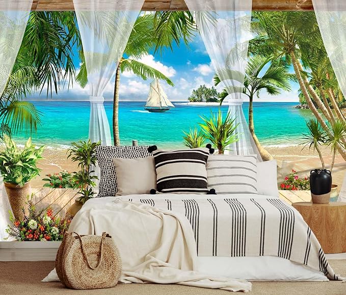 Tropical Beach Seascape Wallpaper Mural Blue Seawater Palm Tree Wall Mural for Bedroom Livingroom(Not Self-Adhesive)