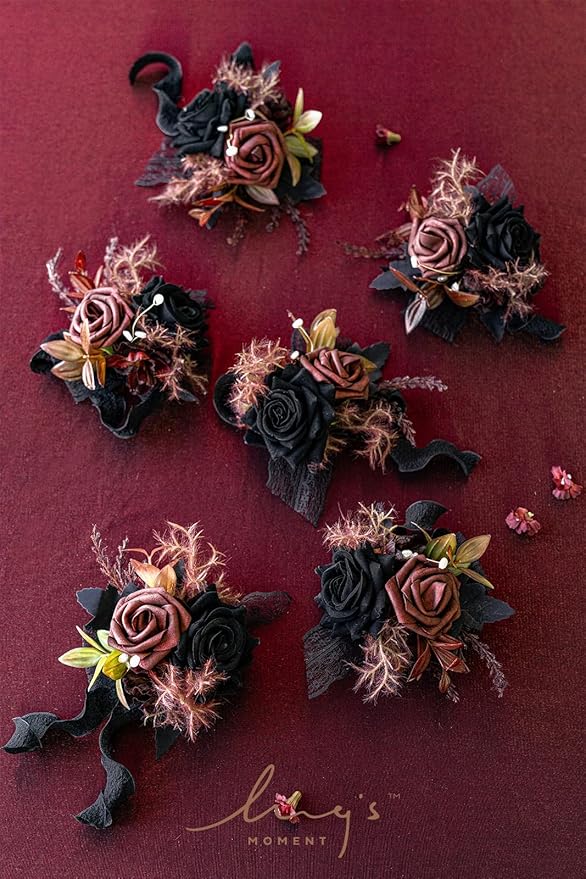 Ling's moment 6pcs Wedding Wrist Corsage Artificial Flowers, Girl/Mother Homecoming Prom Corsages Wristlet Halloween Décor, etc. Black Gothic Burgundy