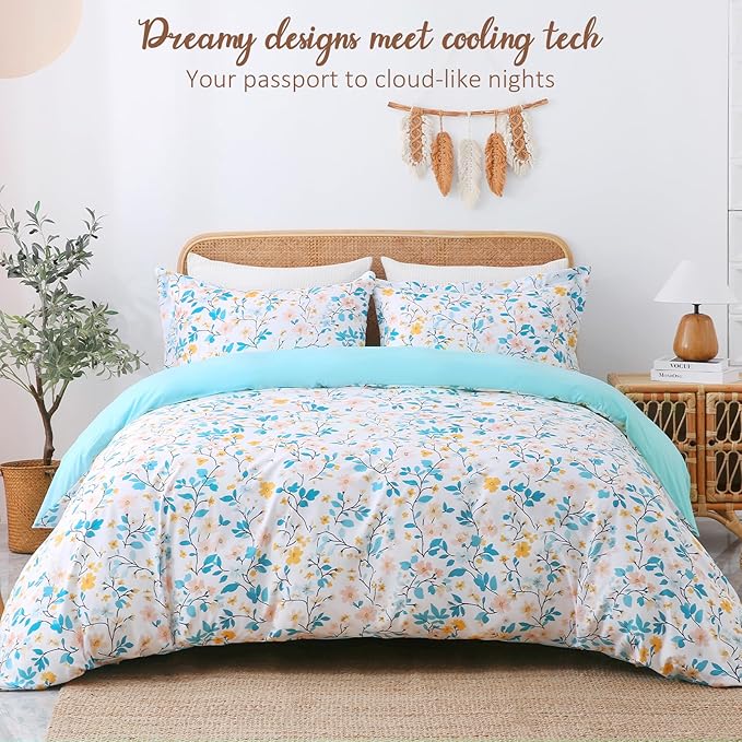 LONAVA Queen Botaincal 3 Pcs Duvet Cover Set, Breathable Soft Microfiber Sky Blue Lining Comforter Cover with Zipper Closure, and 2 Anti-Pilling, Fade Resistant Pillowcases, Sky Blue Flower