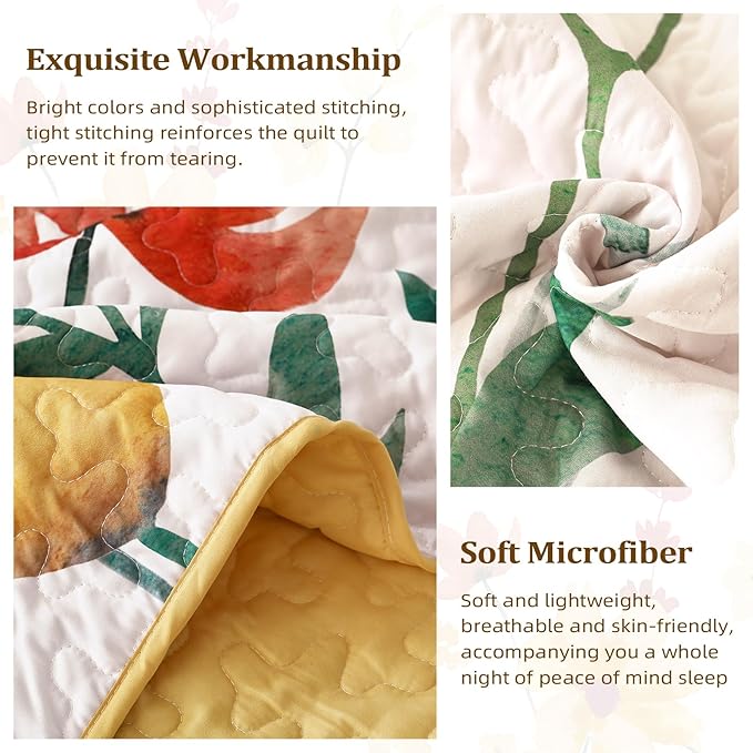Anibedding Quilt Set Full Size, Yellow Floral Reversible Bedspread Soft Microfiber Lightweight Full Quilt Bedding Sets Reversible Coverlet for All Season(78"x90")