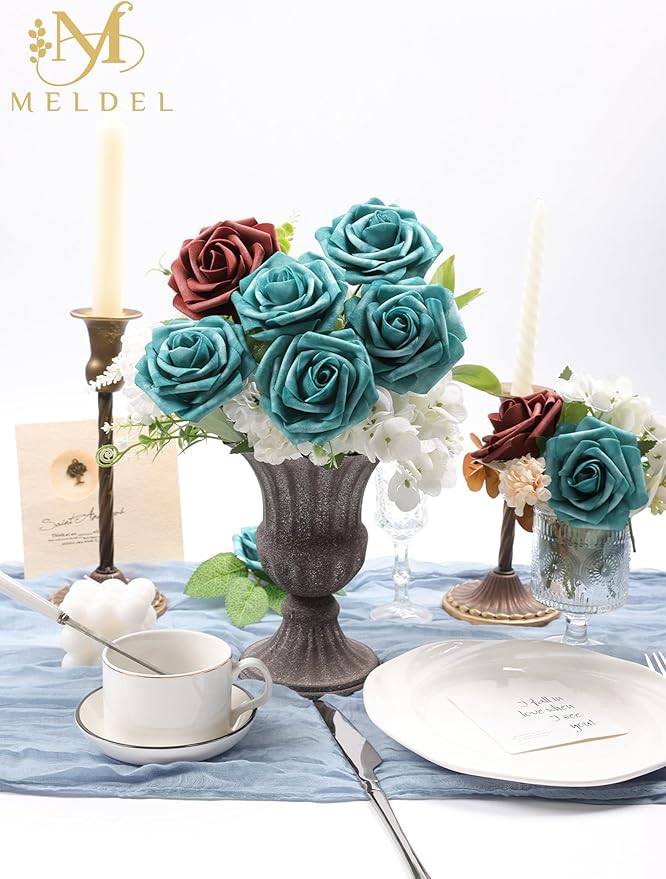 Meldel Artificial Flowers 25pcs Real Looking Dark Teal Foam Fake Roses with Stems for DIY Wedding Bouquets Bridal Shower Centerpieces Floral Arrangements Home Decorations Crafts Rose