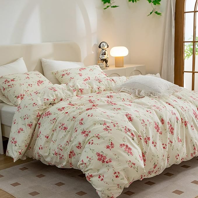 Comforter Set King Floral Soft Bedding Comforter 3 Pieces Lightweight Garden Style Red Flower Print Botanical Flowers Comforter Set 1 Comforter and 2 Pillowcases (Floral, King)