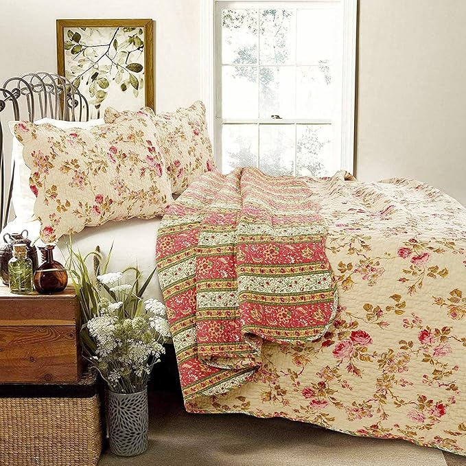 Cozy Line Home Fashions Rose Garden Vintage Floral Pink Khaki 100% Cotton Reversible Quilt Bedding Set, Coverlet Bedspread (Vintage Rose, Queen - 3 Piece)