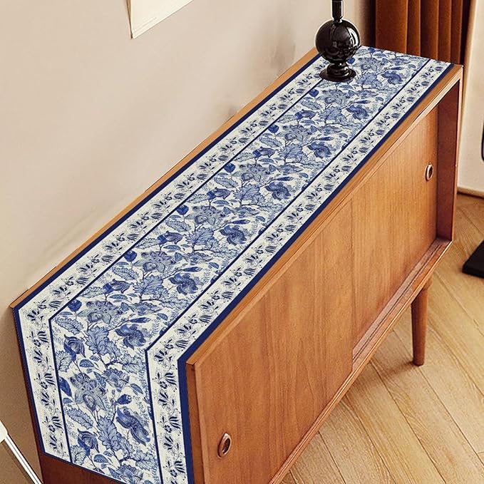 Blue Floral Table Runner, Rustic Vintage Paisley Floral Retro Boho Art Linen Coffee Table Center Decor for Family Kitchen Farmhouse Holiday Party Table Decorations Indoor Outdoor 13x36 inch