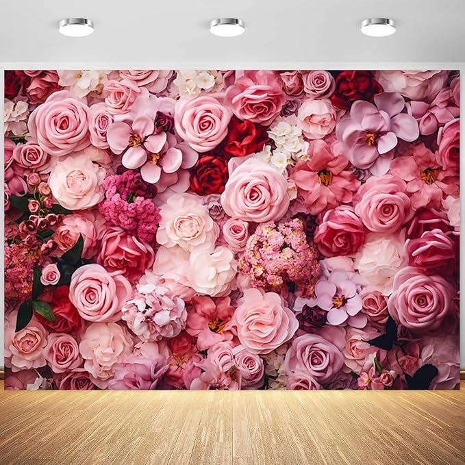 20x10ft Flower Backdrop Pink Red Rose Flowers Floral Wall Photography Background Birthday Baby Shower Wedding Party Banner Decorations Supplies Photo Booth Props