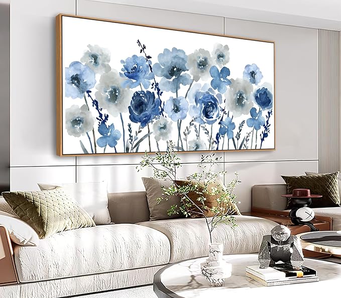 Framed Flowers Canvas Wall Art - Indigo Floral Canvas Pictures Living Room Wall Decor Botanical Canvas Prints Painting Abstract Artwork Bedroom Office Home Decor 29"x 58"