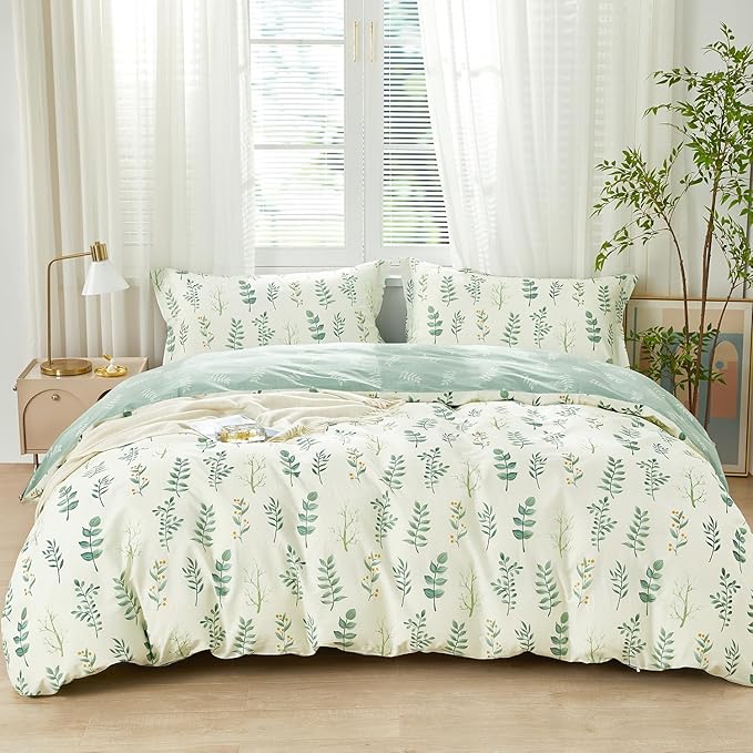 SAPHREAS Botanical Duvet Cover Set Queen Size 3pcs Beige 100% Cotton Bedding Green Leaves Bedding Comforter Cover Set 1 Duvet Cover 2 Pillow Shams, Comforter Not Included