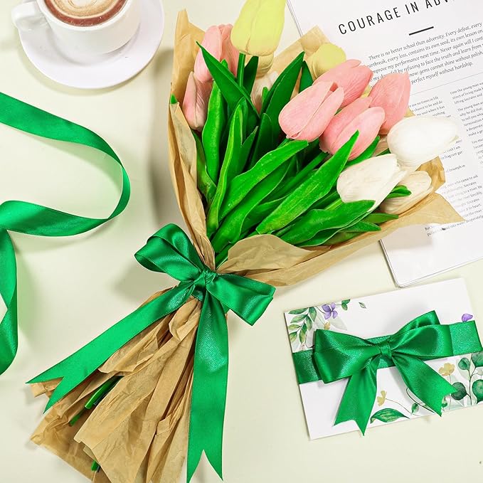 Green Ribbon 1 inch 60 Yards Christmas Ribbon Double Faced Green Satin Ribbons for Gift Wrapping Crafts Hair Bows Home Party Christmas Decorations
