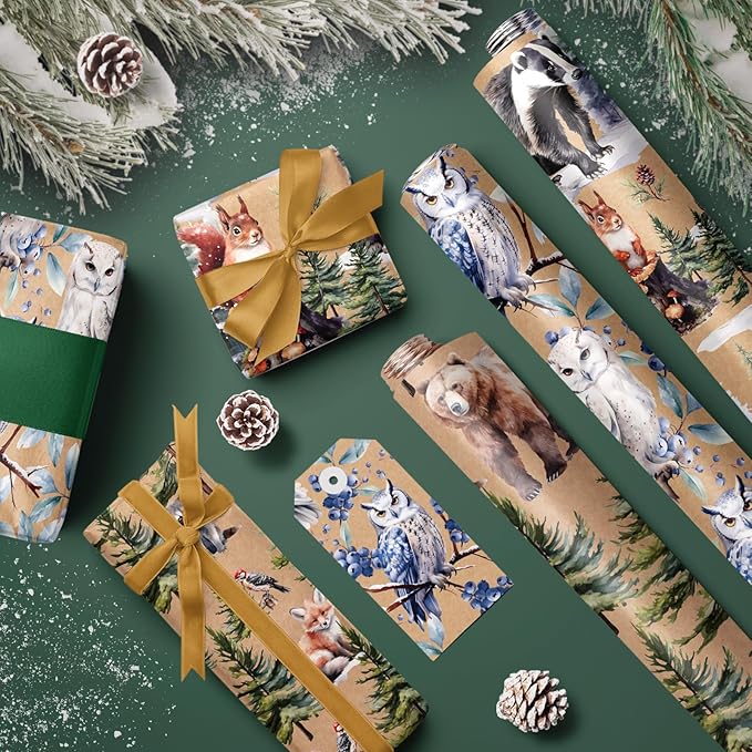WRAPAHOLIC Kraft Christmas Wrapping Paper Roll - Mini Roll - 3 Rolls - 17 Inch x 120 Inch Per Roll - Wild Animals Winterfall Watercolor Holiday Collection