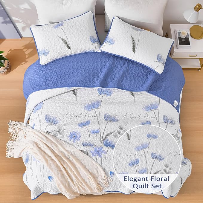 Dinjoy Quilt Set Full Size Blue, Floral Bedspreads 3 Pieces Reversible Quilts Bedding Set Microfiber Lightweight Bedspread Coverlet Farmhouse Set for Women Girls 78"x90"