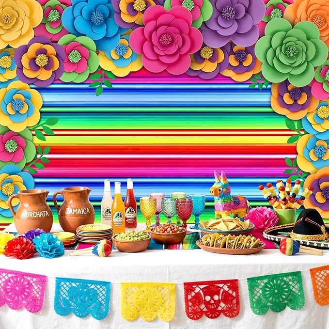 Frienda 36 Pcs DIY Paper Flower Decor Set with 83x59 Inch Custom Background Cloth and Rope, Artificial 3D Flower Wall Decor for Wall Bulletin Board Wedding Halloween Mexican Festive Party (Stripe)