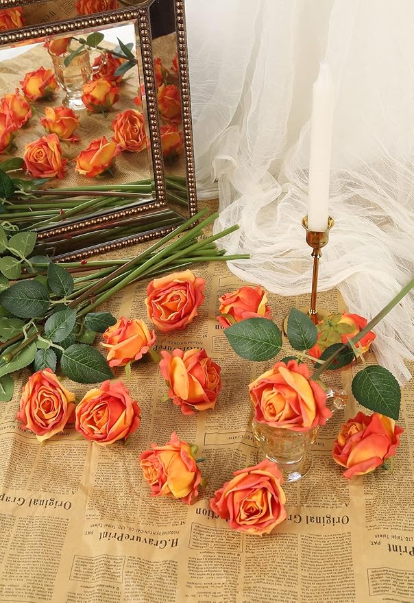 IPOPU Artificial Flowers Heads Bulk 12pcs Artificial Roses Heads Sunset Fake Flowers Bulk for Silk Flower Arrangements Rustic Wedding Decor Bridal Shower Decorations (Sunset)