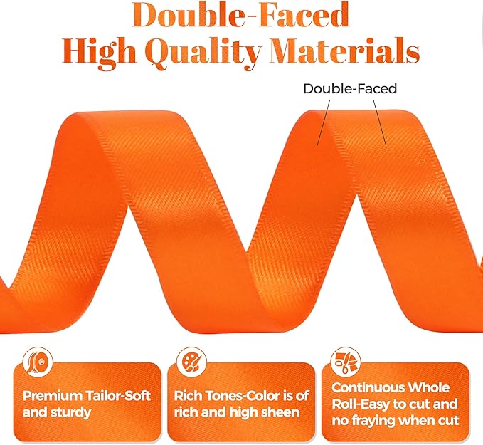 Orange Satin Ribbon, Double Faced 5/8 Inch X 50 Yards Orange Ribbon, Premium Satin Ribbon for Gift Wrapping, Crafts, Hair Bow Making, Sewing, Flower Bouquet, Wedding Party Decor
