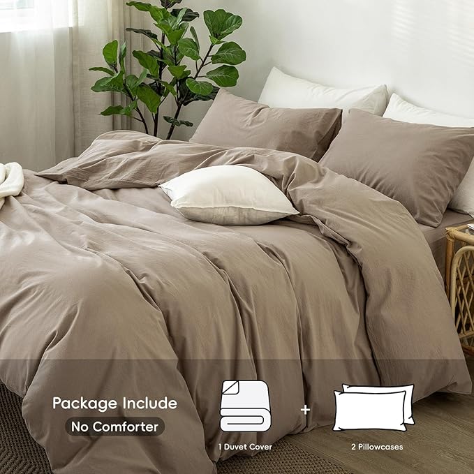 MooMee Bedding Duvet Cover Set 100% Washed Cotton Linen Like Textured Breathable Durable Soft Comfy (Solid Mocha Brown, Queen 90"x90")