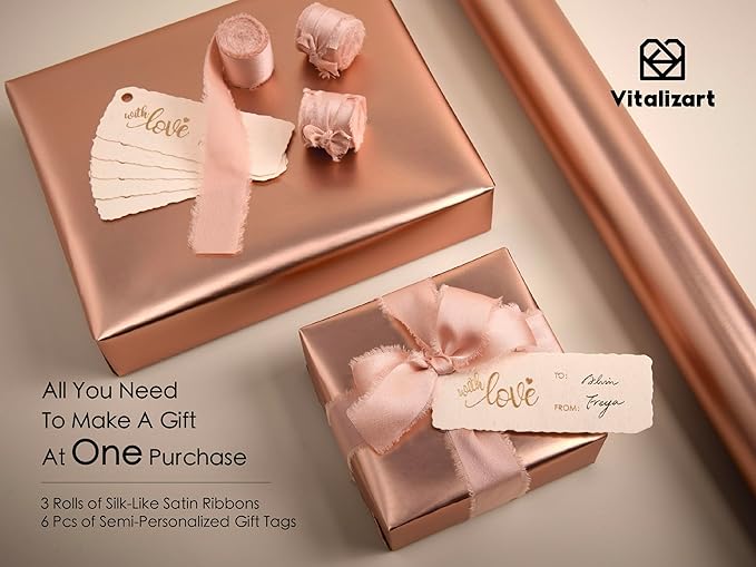 Vitalizart Pink Matte Metallic Wrapping Paper Set 17" With Silk Satin Ribbon & Gift Tags Christmas Gift Wrapping Birthday Baby Shower Wedding Bouquets Handmade Crafts 197"(16.4 Ft) Pink Ribbon