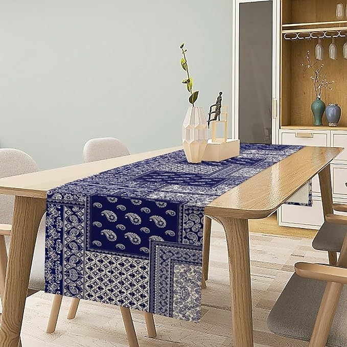 Boho Patchwork Table Runner, Blue White Bohemian Paisley Floral Vintage Farmhouse Table Runner for Kitchen Dining Home Party Holiday, 13x60 Inch