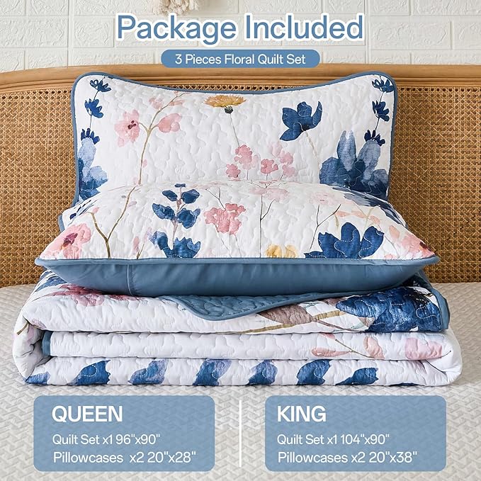 Anibedding Dark Blue Quilt Set King, Floral Bedspread Soft Microfiber Lightweight King Size Quilt Bedding Sets Flower Coverlet for All Season(King, 104"x90")